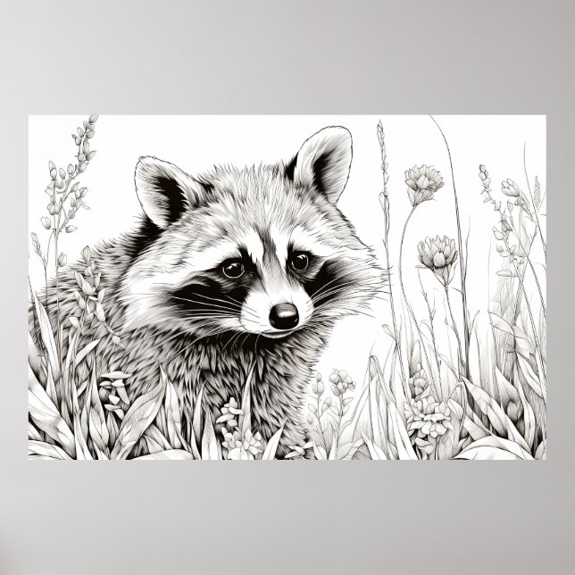 Raccoon fredliga naturen Prairie Sketch Teckning A Poster (Framsidan)