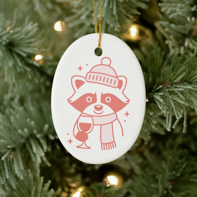 Raccoon funny wine girly pink Christmas aesthetic Julgransprydnad Keramik (Träd)