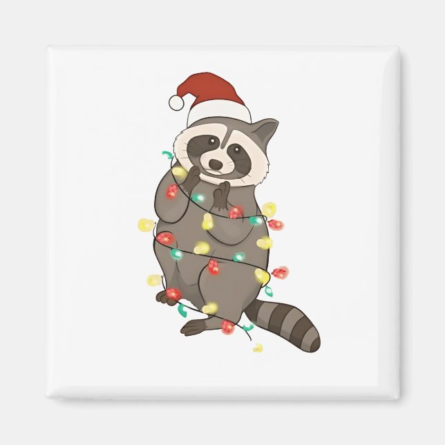 Raccoon God jul Ljus Santa Hat Julafton Snö Magnet (Framsidan)