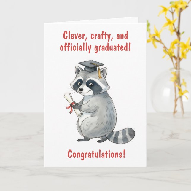Raccoon Graduation Kort (Gul blomma)