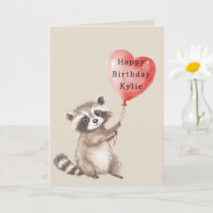Raccoon Heart Balloon Birthday Kort