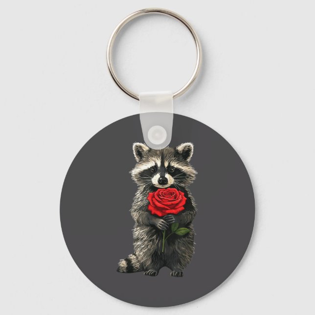 Raccoon Holding Red Rose Cute Raccoon Valentine An Nyckelring (Framsida)