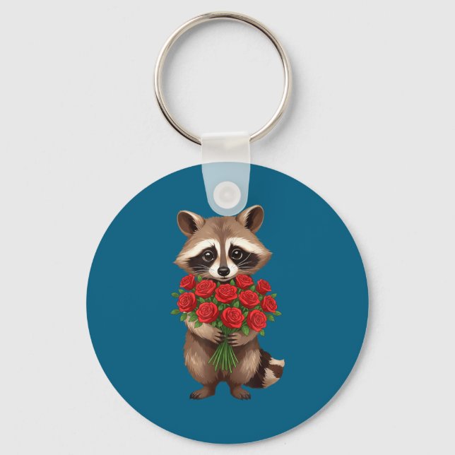Raccoon Holding Red Rose Cute Raccoon Valentine An Nyckelring (Framsida)