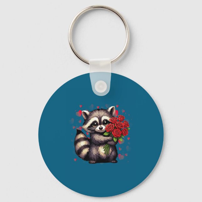Raccoon Holding Red Rose Cute Raccoon Valentine An Nyckelring (Framsida)