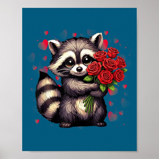 Raccoon Holding Red Rose Cute Raccoon Valentine An Poster (Framsidan)