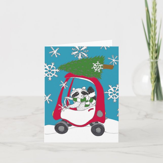 Raccoon i Car med Julgran Kort (Framsida)