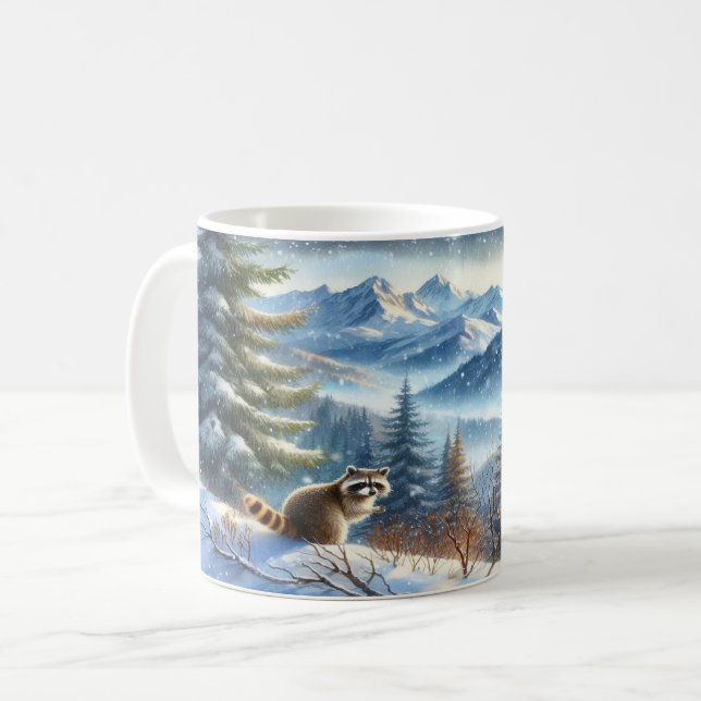 Raccoon i en Snowy Mountain Forest Kaffemugg (Framsida vänster)