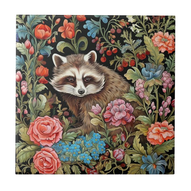 Raccoon i trädgården inspirerad av William Morris Kakelplatta (Framsidan)