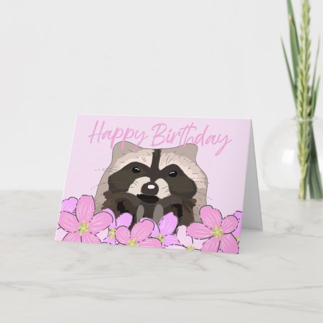 Raccoon in Söt Rosa Flowers Vild Birthday Kort (Framsida)