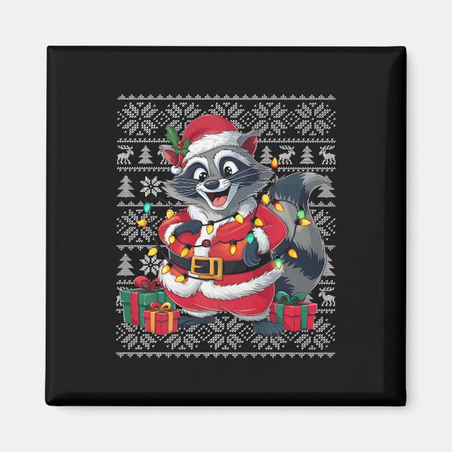 Raccoon Julafton Sweater Stil Ugly Santa Raccoon C Magnet (Framsidan)