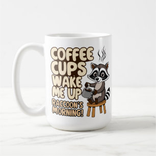 Raccoon lustig morgon med kaffe kopp