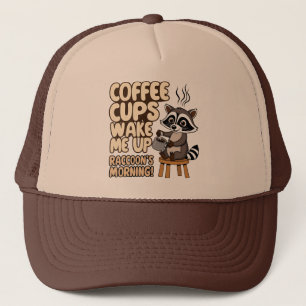 Raccoon lustig morgon med kaffe kopp keps