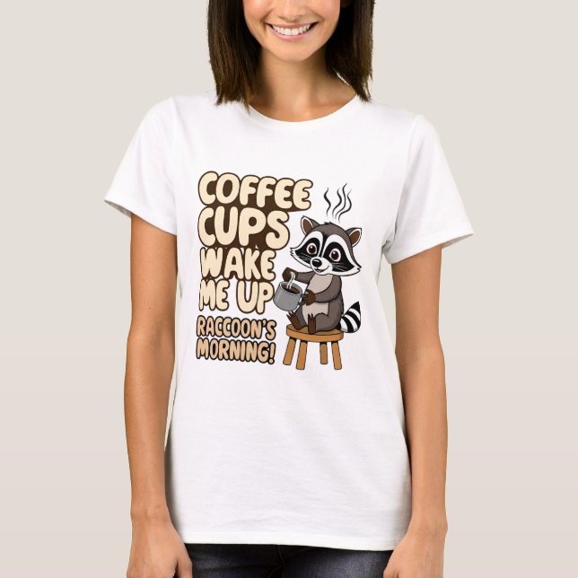 Raccoon lustig morgon med kaffe kopp t shirt (Framsida)