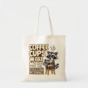 Raccoon lustig morgon med kaffe kopp tygkasse