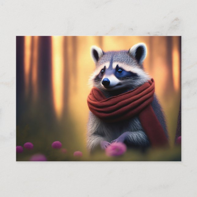Raccoon med en scarf i skogen vykort (Framsida)