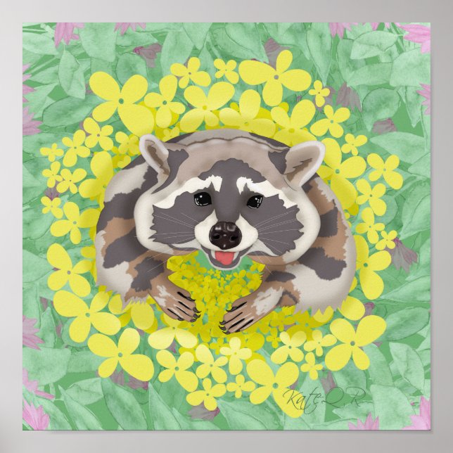 Raccoon med gula blommor poster (Framsidan)