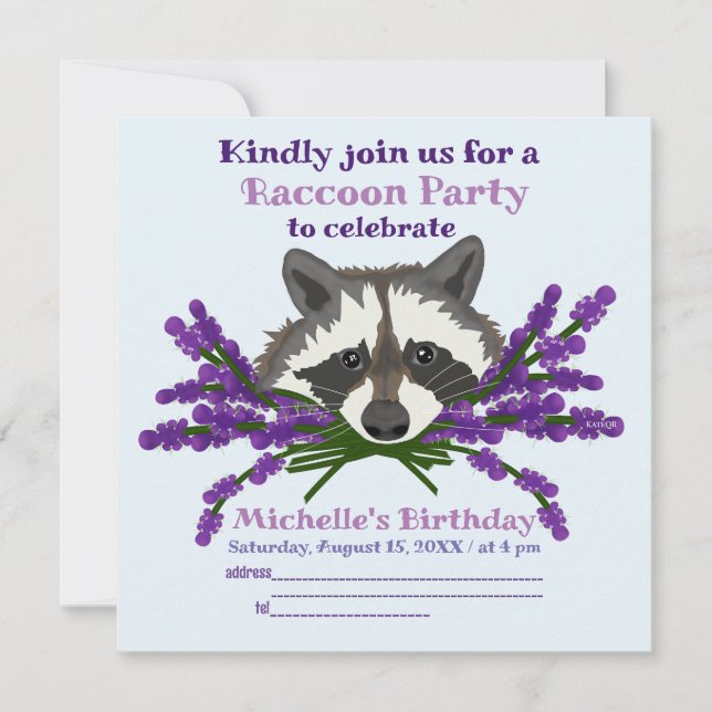 Raccoon med lavender. Raccoon Party Inbjudningar (Framsida)