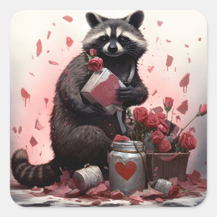Raccoon med Valentines day sopor Fyrkantigt Klistermärke