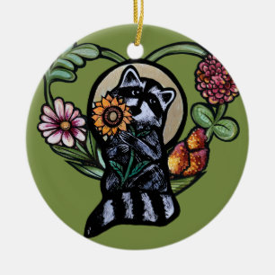 Raccoon Nature älskare solroskonst Julgransprydnad Keramik
