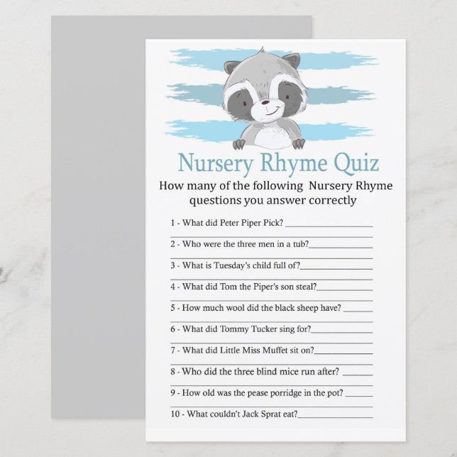 Raccoon Nursery Rhyme Quiz babyduschspel (Fram/baksida)