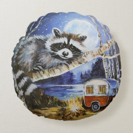 Raccoon och Camper Round Dekorativ kudde