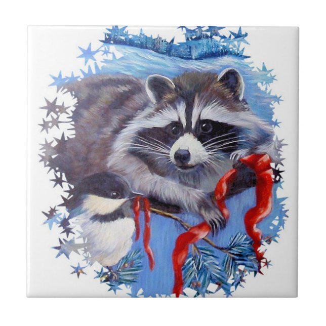 Raccoon och Chickadee Winter ceramic tile Kakelplatta (Framsidan)