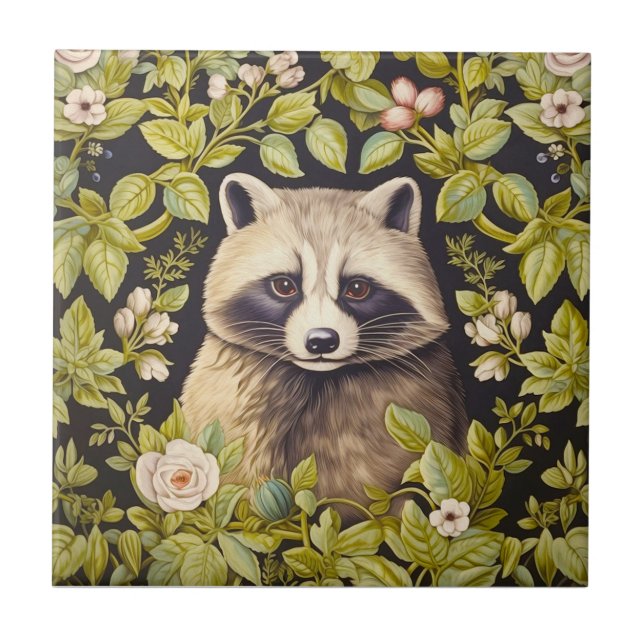 Raccoon och grönt lövs inspirerade William Morris Kakelplatta (Framsidan)