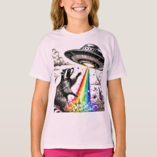 Raccoon och Rainbow UFO i en vildblomskugga T Shirt