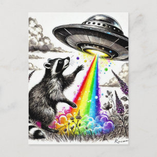 Raccoon och Rainbow UFO i en vildblomskugga Vykort