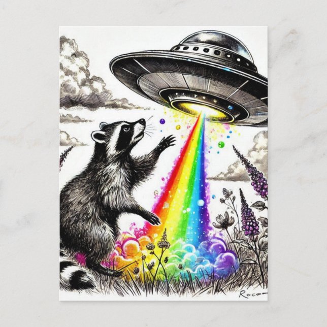 Raccoon och Rainbow UFO i en vildblomskugga Vykort (Framsida)