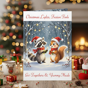 Raccoon och Squirrel Hanging jul Ljus Helgkort