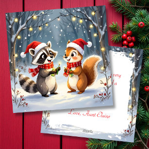 Raccoon och Squirrel Hanging jul Ljus Julkort