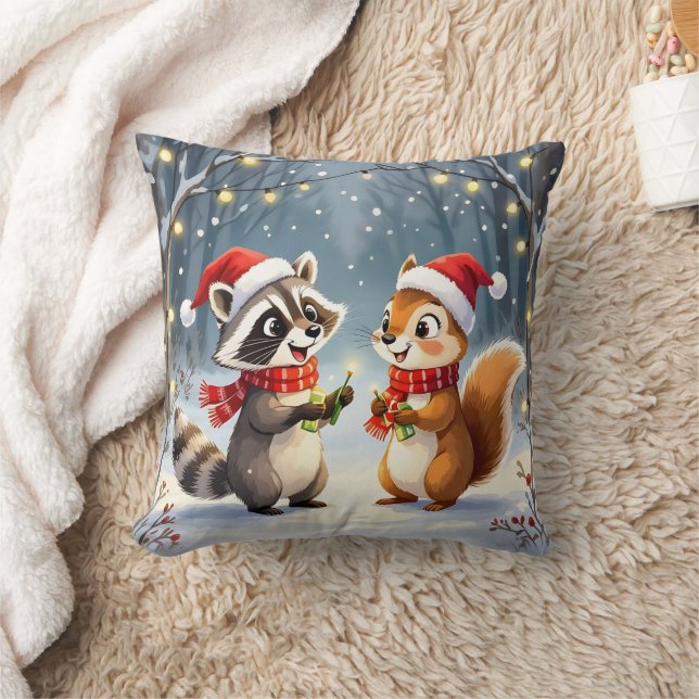 Raccoon och Squirrel Hanging jul Ljus Kudde (Filt)