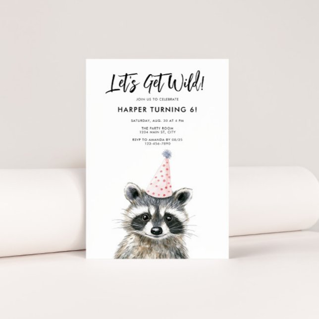 Raccoon Party Hat Kids Woodland Birthday Inbjudningar (Let's Get Wild Raccoon Birthday Invite)