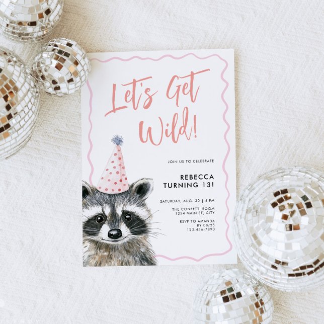 Raccoon Party Hat Låt oss få Vild födelsedag Inbjudningar (Raccoon Birthday Party Invite)