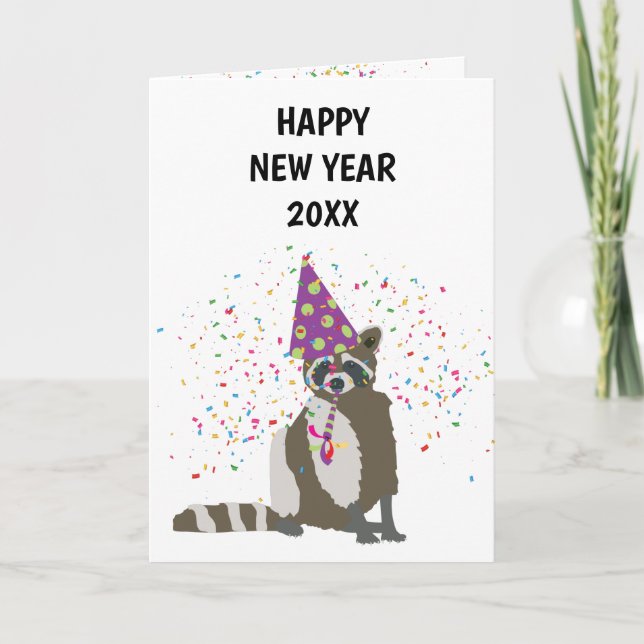 Raccoon Partying - Animals Helgdag New Years Kort (Framsida)