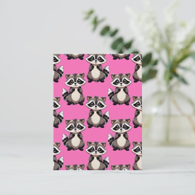 Raccoon Pattern Design Pink  Vykort (Stående Fram)