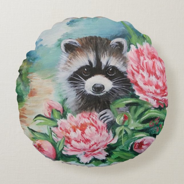 Raccoon & Peonies Dekorativ kudde (Framsidan)