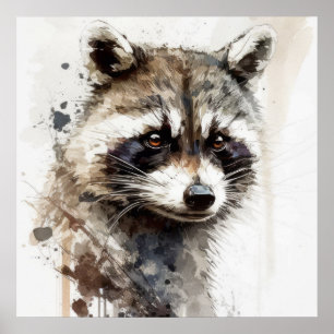 Raccoon Porträtt Animal Painting Wildlife utomhus Poster