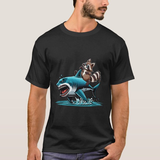 Raccoon Riding Shark Costume Sea Animal Lover Kids T Shirt (Framsida)