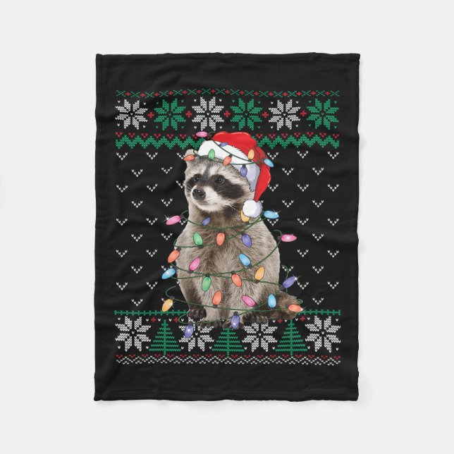 Raccoon Santa Hat jul Ugly Sweater Animals L Fleecefilt (Framsidan)