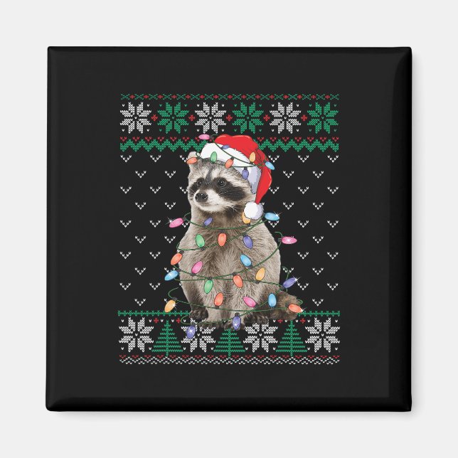 Raccoon Santa Hat jul Ugly Sweater Animals L Magnet (Framsidan)