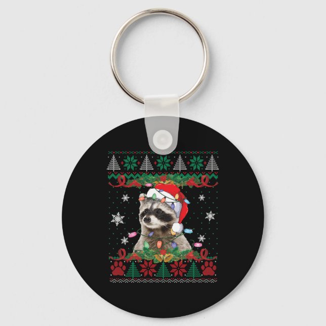 Raccoon Santa Hat jul Ugly Sweater Animals L Nyckelring (Framsida)
