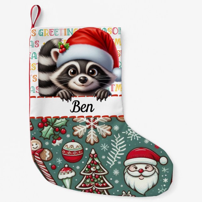 Raccoon Santa med Säsonhälsningar Design Liten Julstrumpa (Framsidan)
