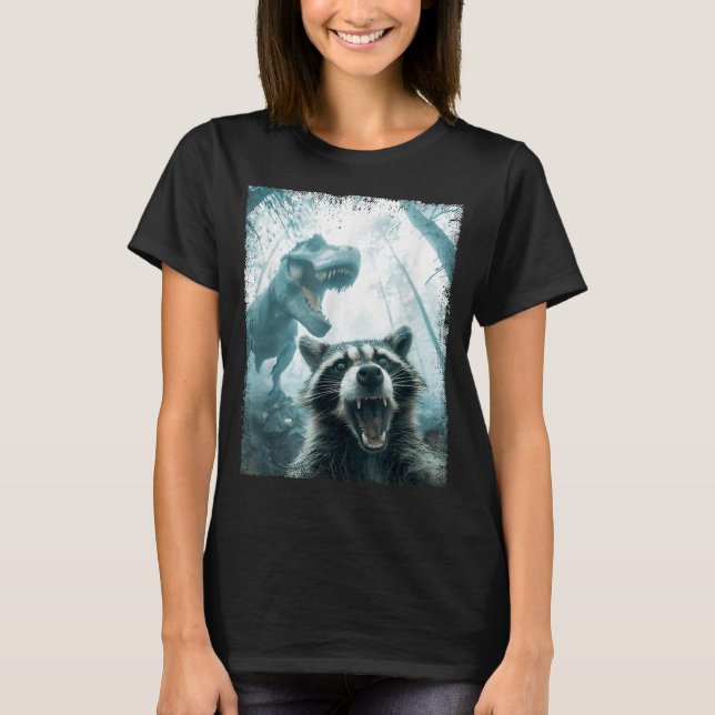 Raccoon Selfie With Tyrannosaurus T Rex Adventure  T Shirt (Framsida)