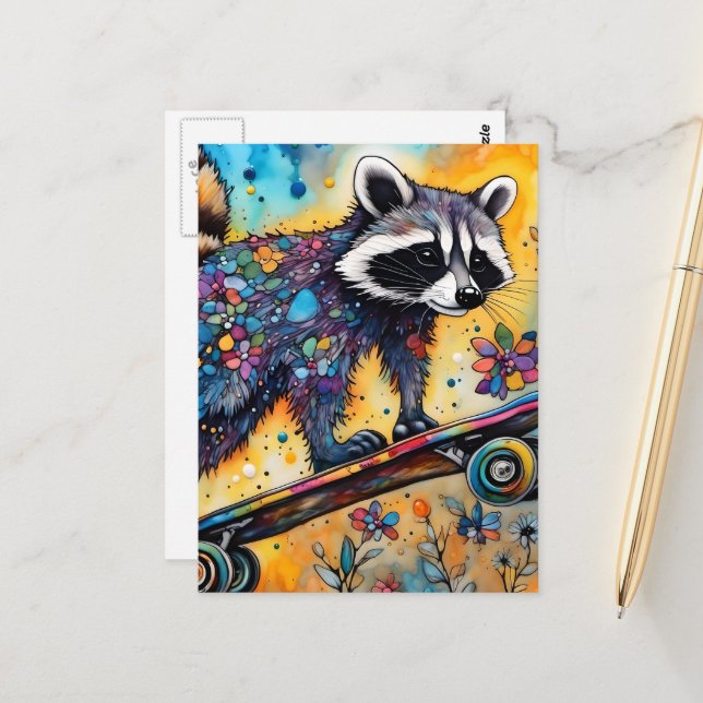 Raccoon Skateboarding Vykort (Fram/Back In Situ)