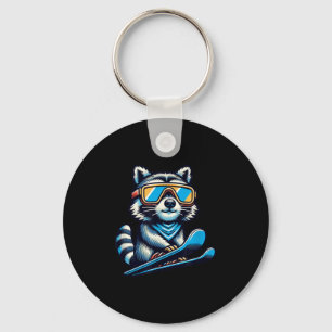 Raccoon Skiing på en fin vinter och utomhusslam oc Nyckelring