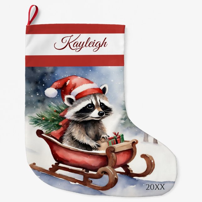 Raccoon Sledding Large jul Stocking Stor Julstrumpa (Framsidan)