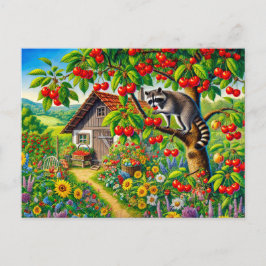 Raccoon Snacking on Cherries in Old Cherry Träd Vykort