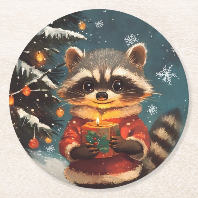 Raccoon snö jul sång underlägg papper rund (Framsidan)